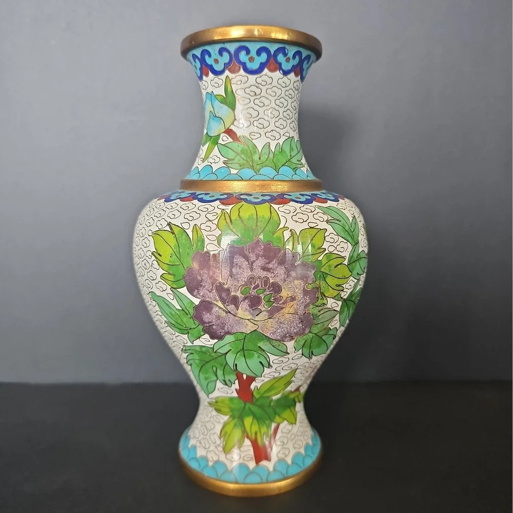 Vintage Cloisonne Flower Floral Enamel Brass Vase 7.5
